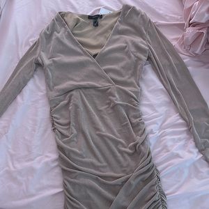 NWT shimmer ruched long sleeve gold dress
